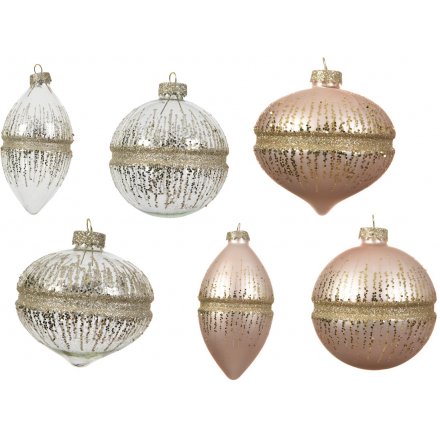  With 3 assorted bauble shapes in a rosy pink and clear design, perfectly topped with a champagne gold glitter decal 