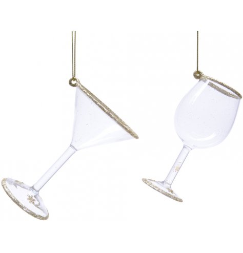 Unique cocktail and wine glass hanging decorations with gold sparkling detailing and gold string hangers.