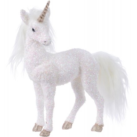 White Fuzzy Unicorn with Gold Glitter Horn 36cm