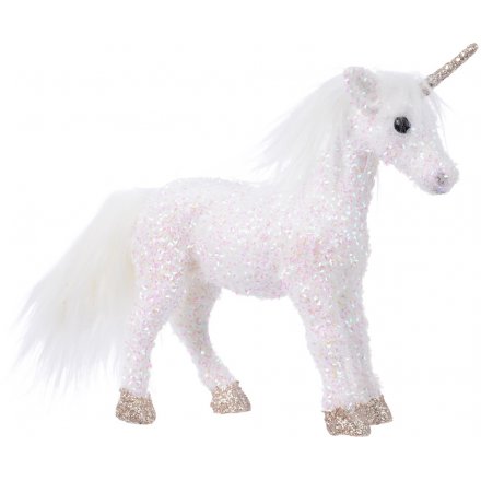 White Fuzzy Unicorn with Gold Glitter Horn 30cm