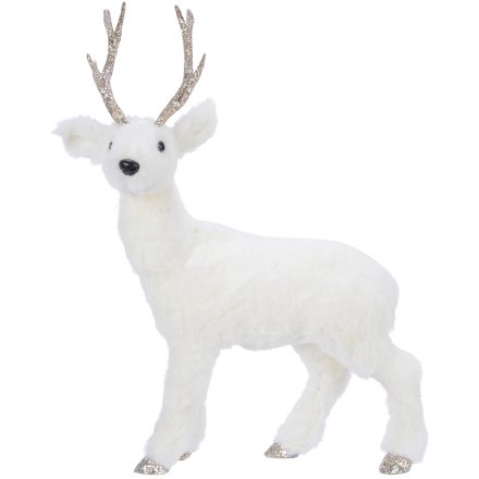  Coated in a soft white fur and fabulously finished with golden glitter antlers and hooves