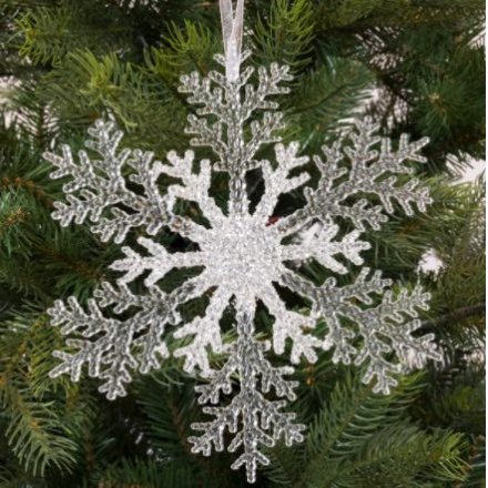  A chic hanging plastic snowflake with an added silver sparkling decal 