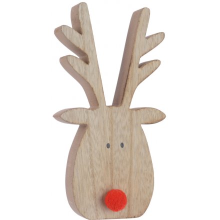 Wooden Reindeer Block With Red Nose, 15cm