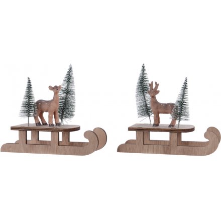 Reindeers on Wooden Sledge Decorations 14.5cm