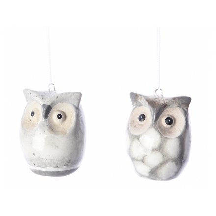 Grey Marbled Terracotta Owl Hanging Decorations, 2 Assorted
