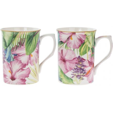 A set of 2 Tropical Paradise print Mugs