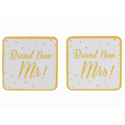 Brand New Mr & Mrs Gold Coaster Set