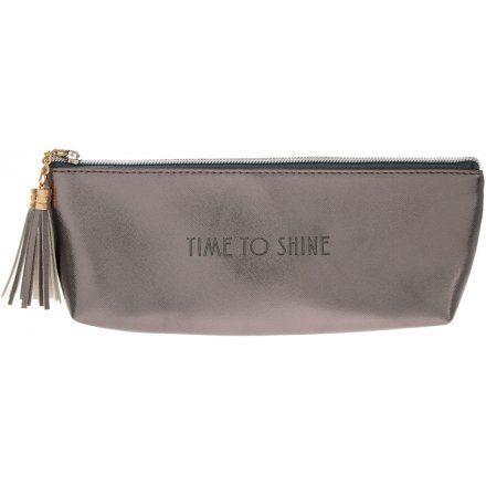 A glamorously styled metallic toned faux leather cosmetic bag with a chic "Time To Shine" quote 