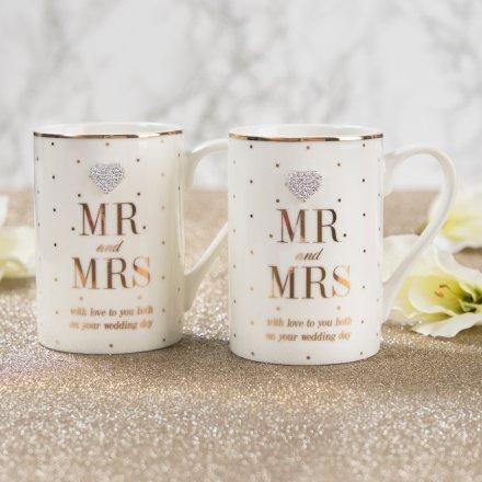 An assortment of 2 Mad Dots Mr & Mrs Wedding Day Mugs