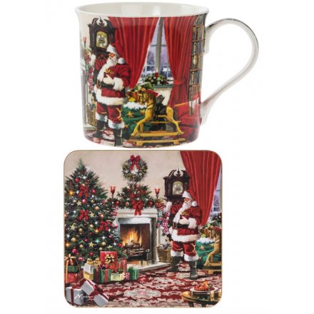 A traditional mug and coaster set with a charming Father Christmas scene.