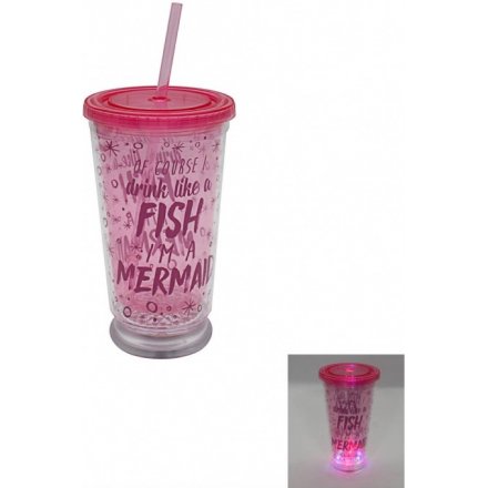 "Of course i drink like a fish... Im a mermaid!" a comical script drinking cup in a pink tone