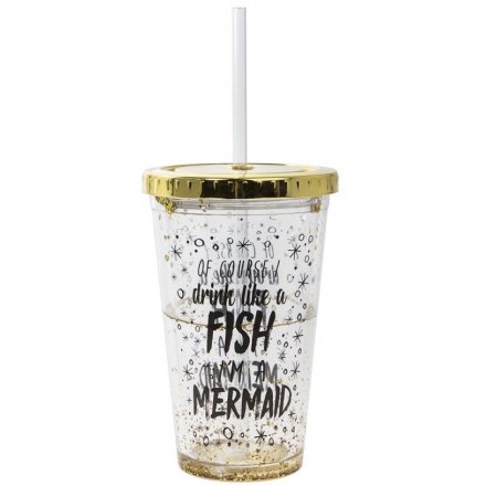 A glam and golden inspired drinking cup with straw and added script quote 
