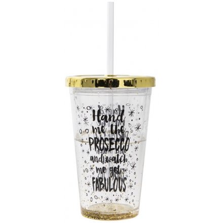  Give this glam looking cup a shake and watch the golden glitter float around the cup, 
