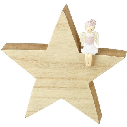 Wooden Star with a Perched Angel 