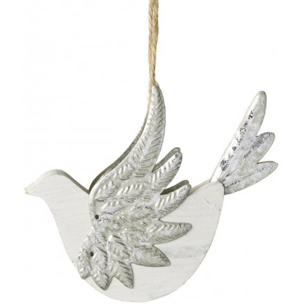 White And Silver Wooden Bird 11cm