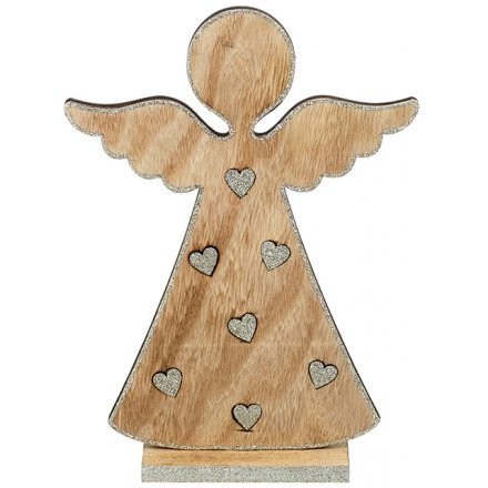 Glittery Heart Wooden Angel 18.5cm