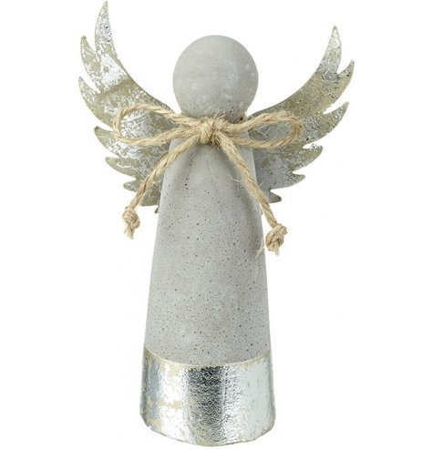 A contemporary grey concrete angel decoration with a distressed silver band and metal wings. 