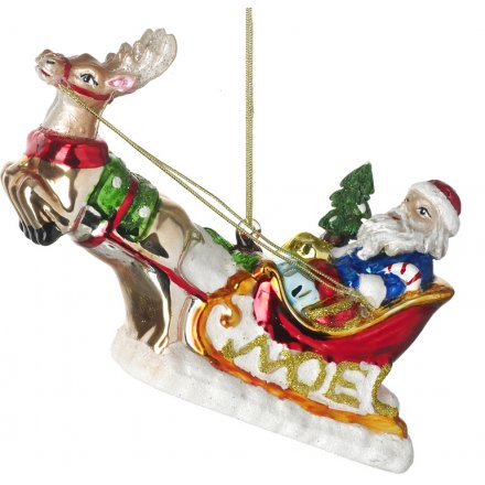 Hanging Santa and Sleigh Glass Decoration 
