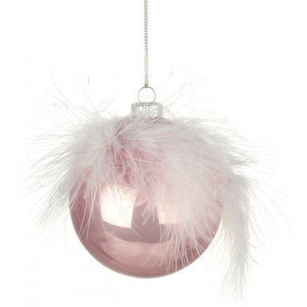 Pink Bauble With Feathers 8cm