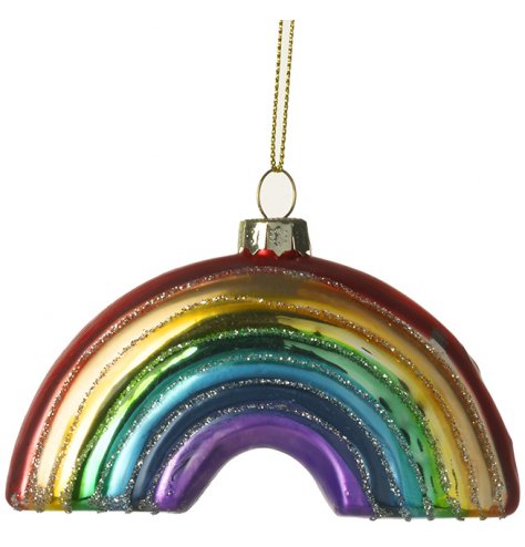 A colourful and cute glass rainbow decoration with gold glitter sparkle and a gold string hanger.