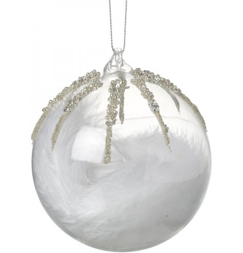 An elegant glass bauble filled with white feathers. Complete with glamorous cascading beads and silver hanger.