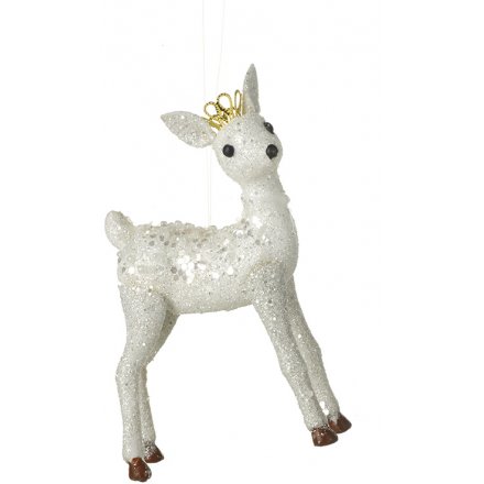 Hanging White Glitter Deer 12cm