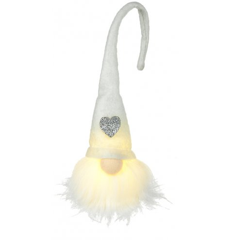 A chic felt gonk decoration with a silver glitter heart, bendy hat and light up function. 