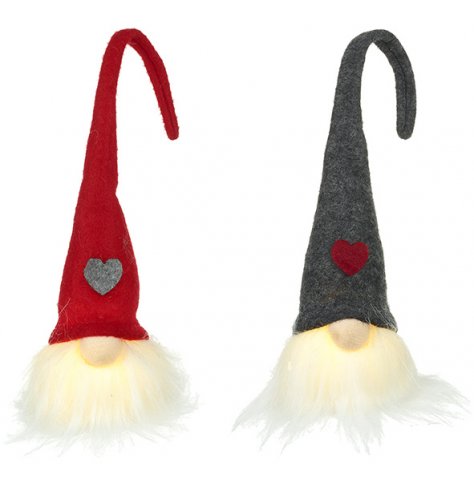 Grey and red Gonk decorations with LED lights and tall bendy hats decorated with heart motifs. 