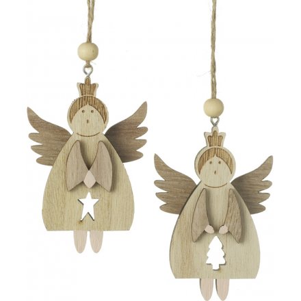 Two Assorted Hanging Wooden Angels, 12cm