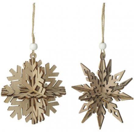 3D Wooden Snowflakes Decorations Mix 9.5cm