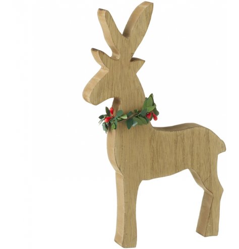 A simple wooden reindeer decoration with a red and green holly wreath collar. 