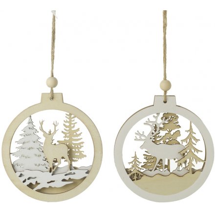 Mix Of 2 Hanging Wooden Cut Baubles 11cm