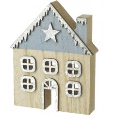 Bring a rustic touch to any home display or decor with this blue roof house decoration