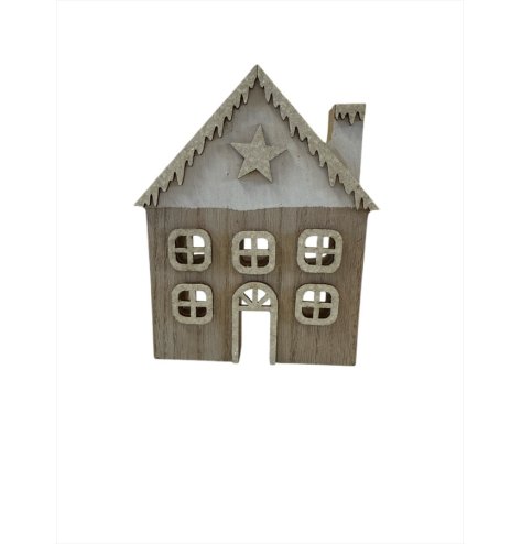 A contemporary and stylish wooden house decoration with a snow topped roof and star embellishment. 