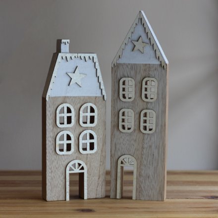 Two Assorted White Wooden Christmas Houses, 26cm/22cm