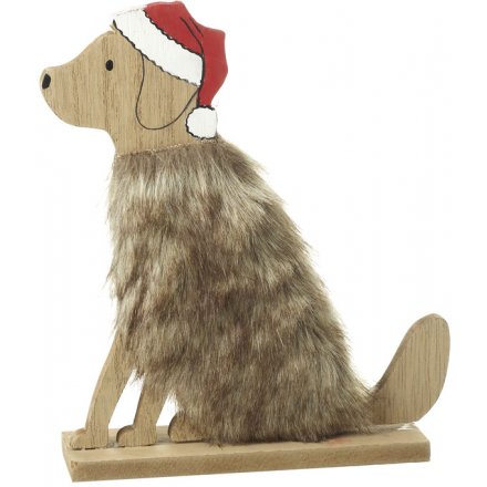 Fluffy Wooden Dog with Santa Hat  