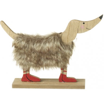 Fluffy Wooden Dog with Red Boots 