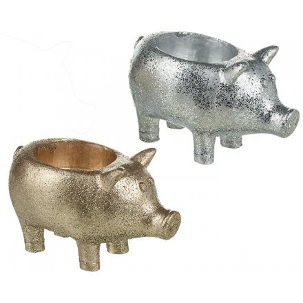 Gold/Silver Pig T-light Holders, 2 Assorted