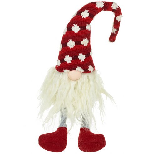 A nordic inspired sitting gonk decoration with a knitted spotty hat, long beard and button nose.