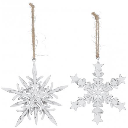 An assortment of 2 white Metal Snowflake Hanging Decorations