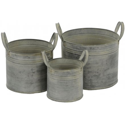 Grey Round Metal Planters, Set Of 3