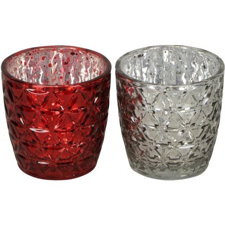 Silver/Red Small Glass Tlight Holders, 2 Assorted 