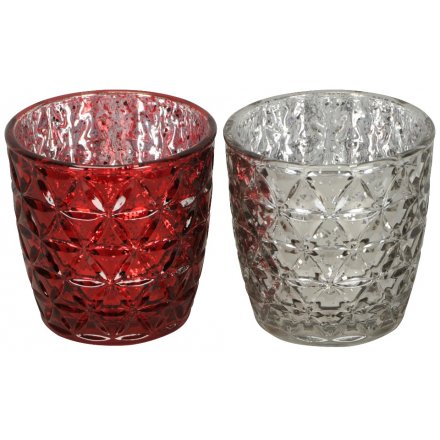 Silver/Red Glass Tealight Holders, 2 Assorted 9cm