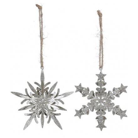 An assortment of 2 Silver Metal Snowflake Hanging Decorations