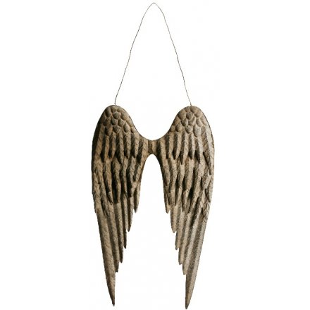 A pair of rustic metal angel wings with decorative layered angel wings and a thin wire hanger.