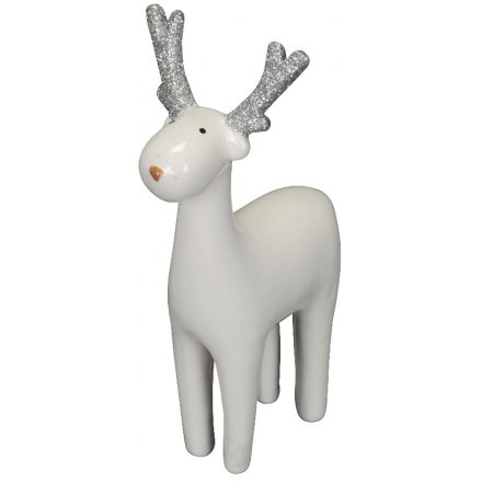 A 15cm White & Silver Glitter Ceramic Reindeer