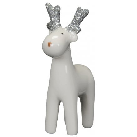 An 11cm White & Silver Glitter Ceramic Reindeer Ornament