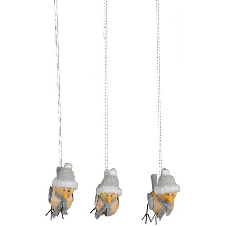 Festive Grey Hanging Wooden Birds 