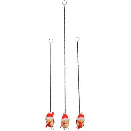 Festive Red Hanging Wooden Birds 