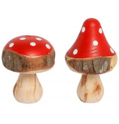 An assortment of 2 Red Wooden Toadstool Mushroom Decorations